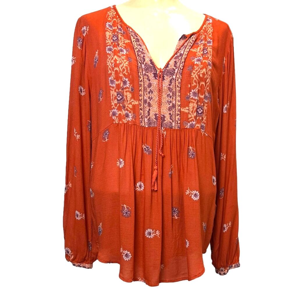 LUCKY BRAND  Rust Color Paisley Baby Doll Style Blouse  M
